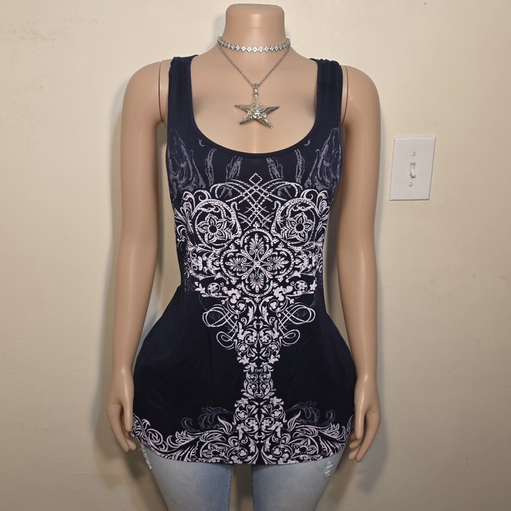 Bleu Blue & White Floral Baroque Print Rhinestone Bedazzled Tank